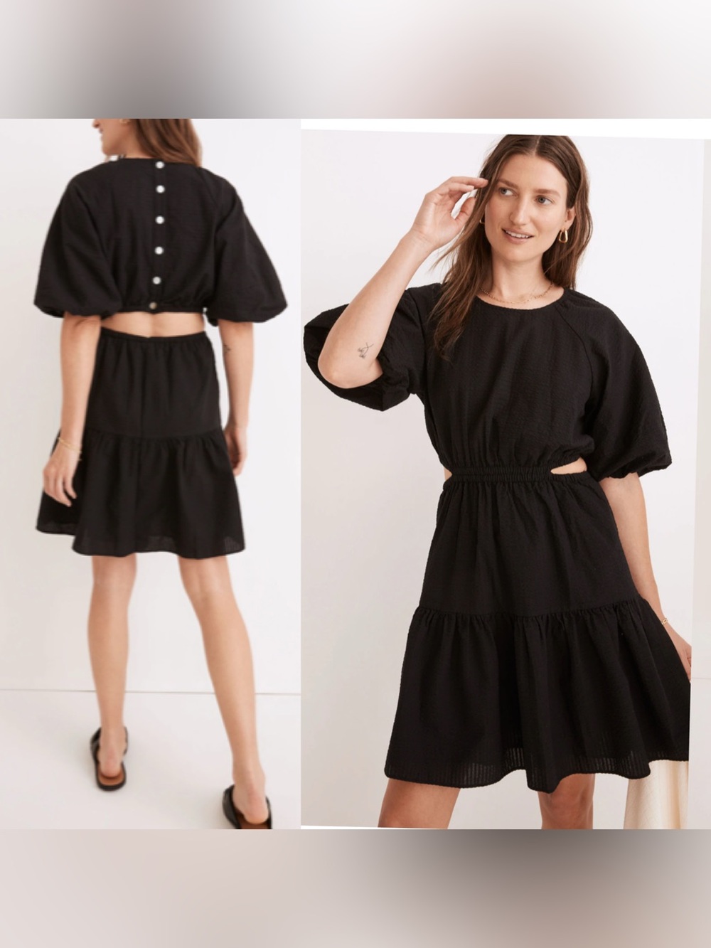 Madewell Women’s seersucker Puff-Sleeve Cutout Mini dress black sz XXS